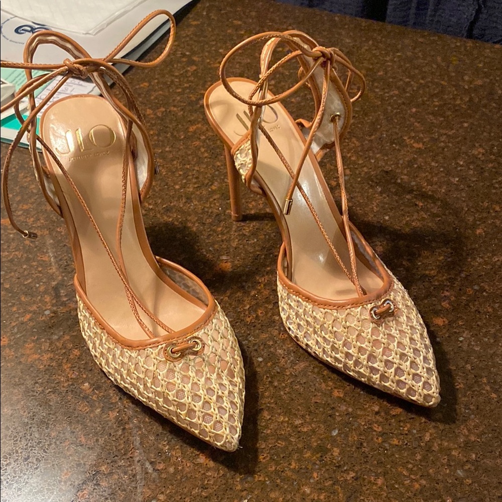 Jennifer Lopez Tan and Cream Textured Heels with Ankle Wrap